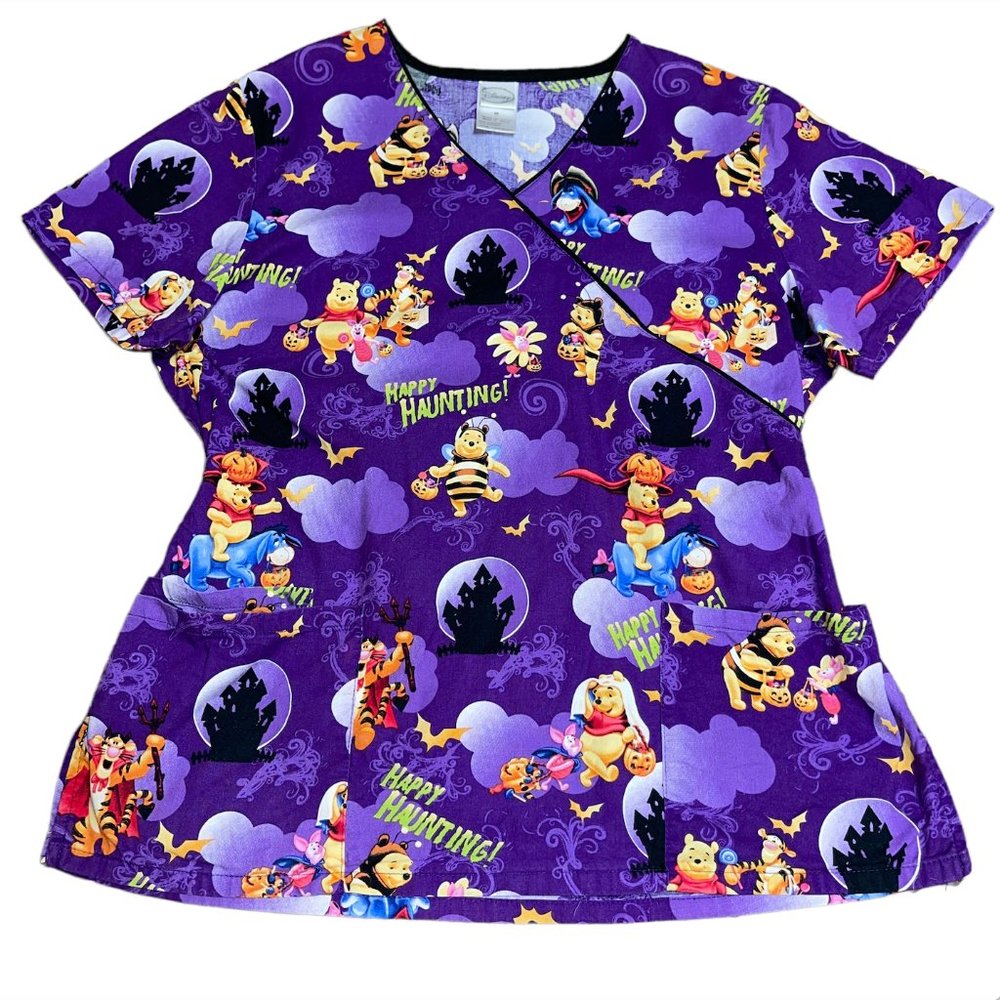 Disney Winnie the Pooh Happy Haunting HALLOWEEN Purple Scrub Shirt Medium